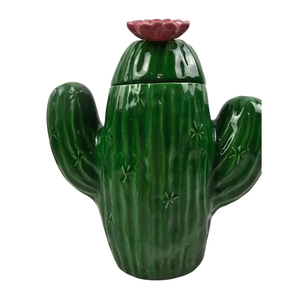 Green Ceramic Cactus Cookie Jar Pink Flower Lid Saguaro Desert Kitchen Decor